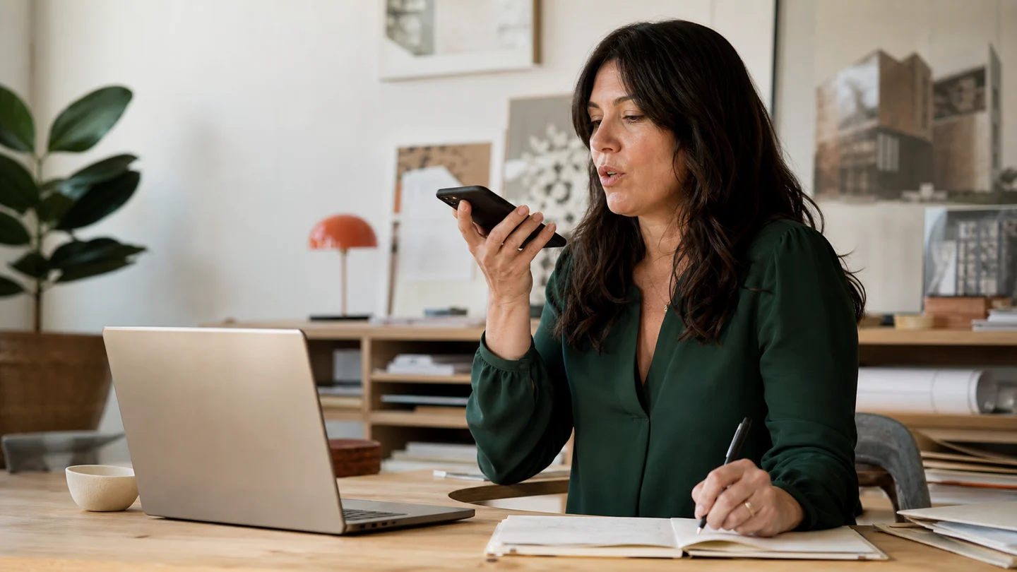 A professional records a voice note while organising her workday.