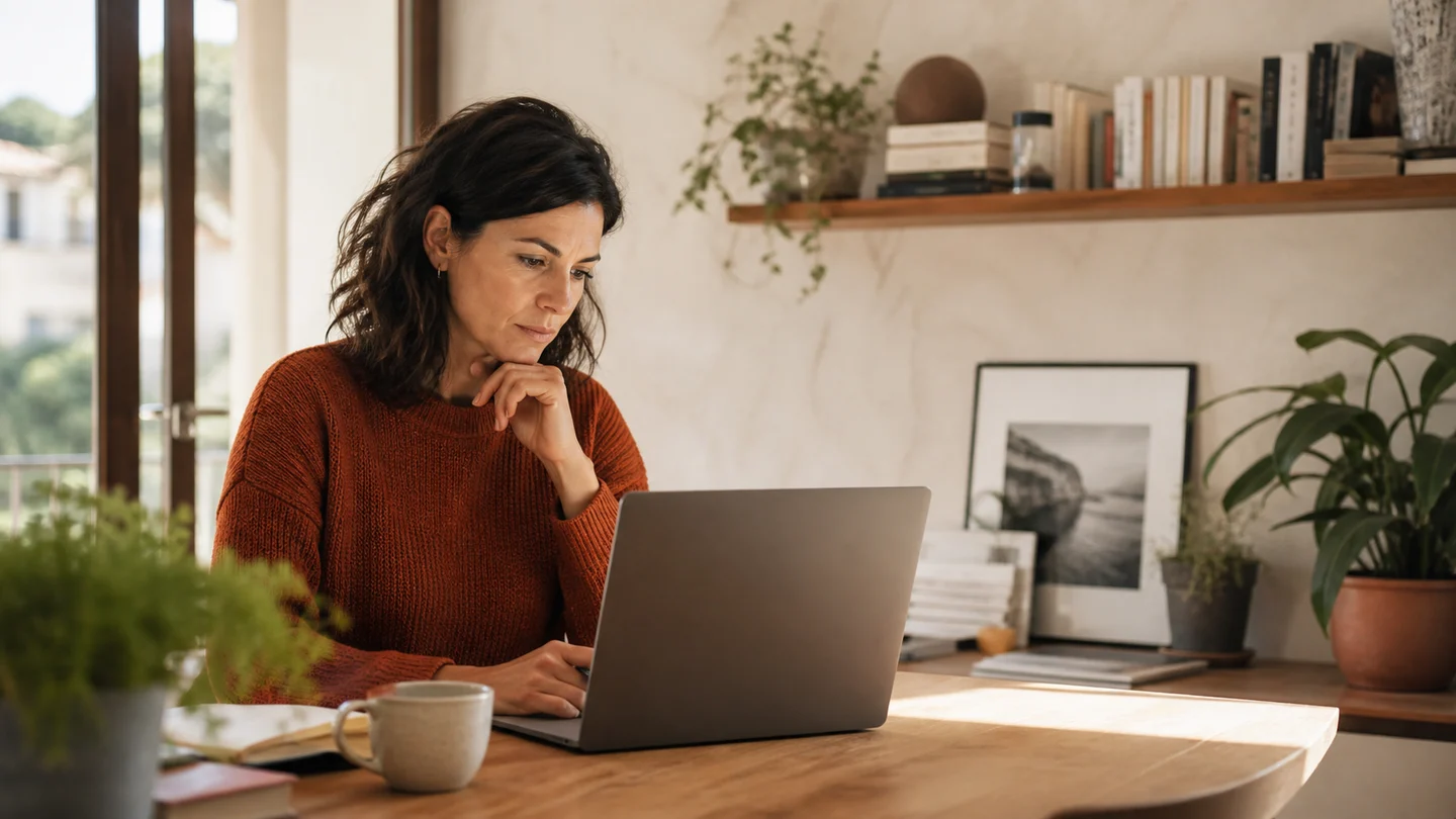 A professional works with quiet concentration at her laptop.