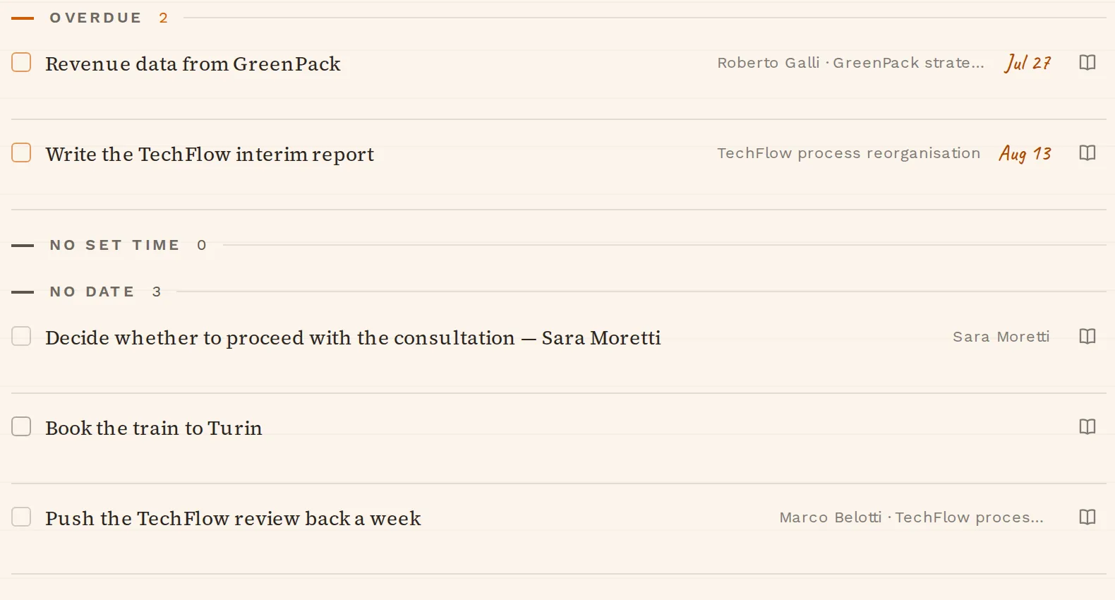 A close detail of the Today page: overdue items in one group, undated items in another.